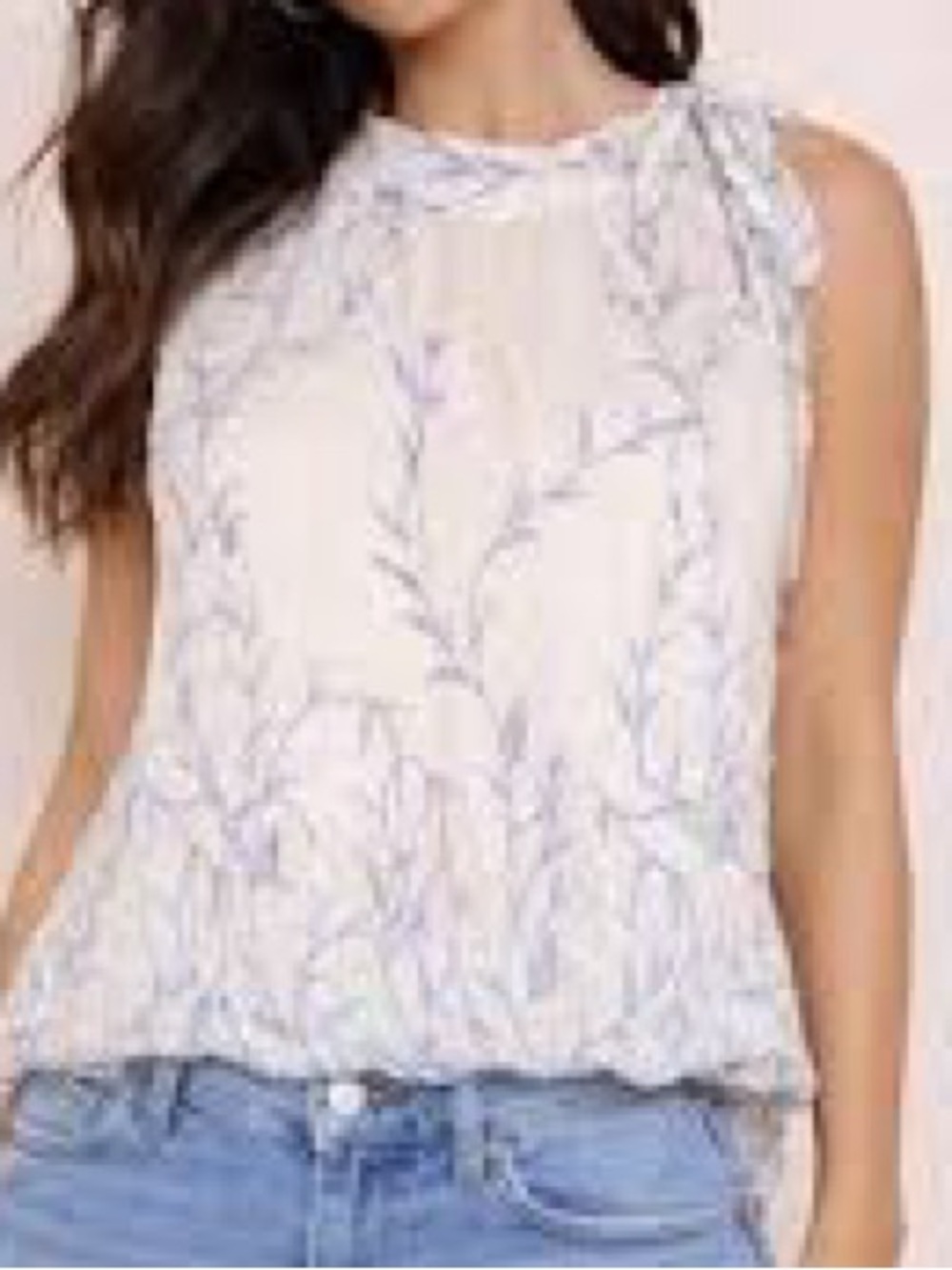 Elena Baldi silk sleeveless sheer white & blue leaf print Tie-Neck top NWT sz M